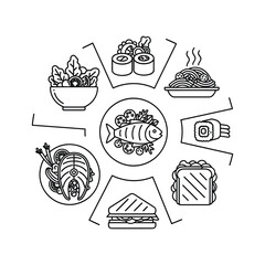 Diverse healthy food items arranged in a circle, representing various cuisines and meal options