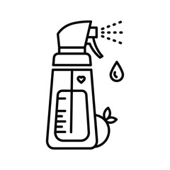 Line art illustration of a spray bottle with a leaf and water drop, symbolizing natural cleaning or plant care