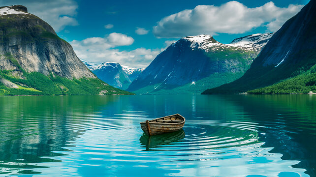 Small wooden rowboat floating on a calm turquoise fjord surrounded by majestic green mountains