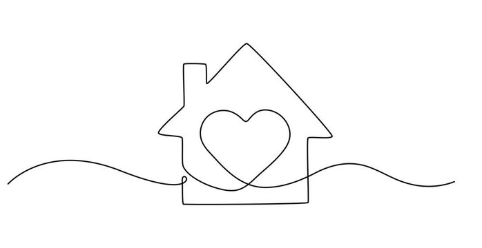 Heart inside house continuous one line drawn animated video. Love home concept.
