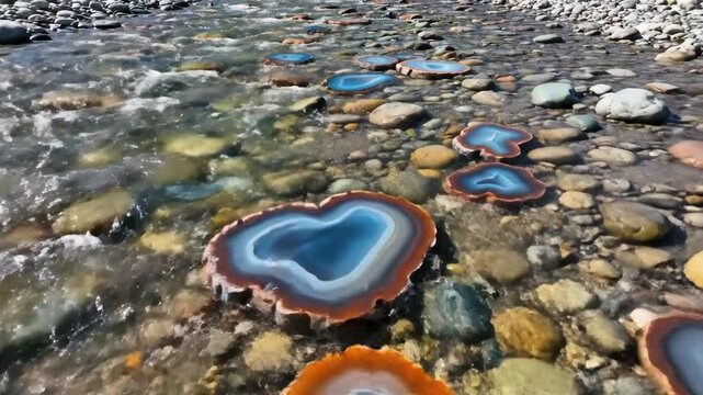 Agate gemstone slices resting in a flowing riverbed water