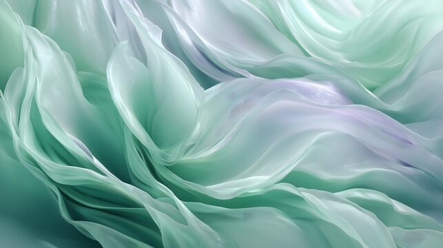 Abstract flowing translucent fabric in soft green and lavender tones creating a delicate and ethereal texture.
