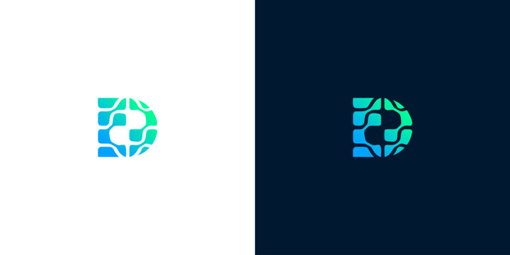 Abstract digital letter D logo design featuring interconnected circuit patterns and a vibrant blue-green gradient, symbolizing modern technology and innovative solutions for branding