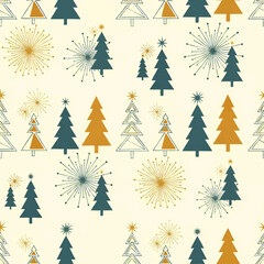 Seamless festive pattern featuring stylized Christmas trees in teal, gold, and white, interspersed with golden starbursts on an off-white background.