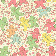 Festive and colorful repeating pattern featuring gingerbread men and candy canes.