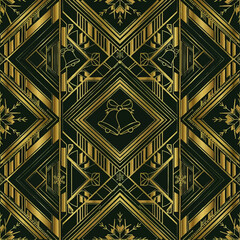 Geometric art deco pattern featuring gold lines, bells, and snowflakes on a dark green background, creating a festive and elegant design.