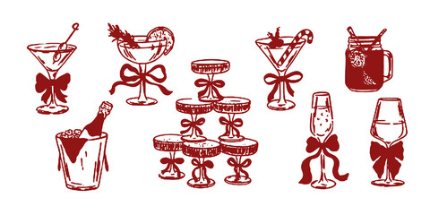 Christmas cocktails with bows hand drawn set. Coquette holiday aesthetic glasses with ribbon and bow in sketch style. Xmas elegant martini, champagne. Doodle line art vector illustration