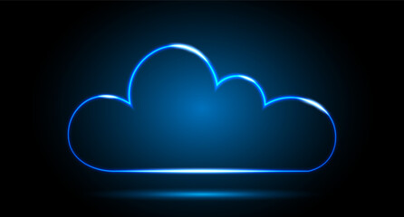 Neon digital cloud icon on a black and blue background. Visualization of data transmission over a network. Neon cloud with highlights. Vector illustration.