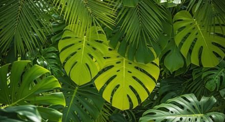 Obraz premium Tropical leaves of monstera and palm.
