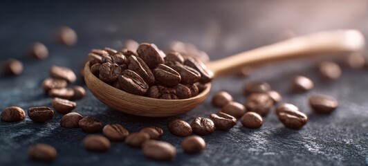 The Coffee Beans in a Wooden Spoon with Scattered Beans and Warm Light