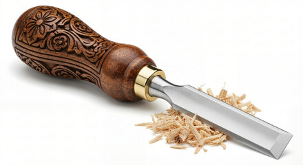 Detailed wooden handle carving chisel with metal blade and wood shavings