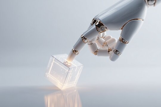Futuristic robot hand touching glowing holographic cube on white background, artificial intelligence and machine learning technology concept