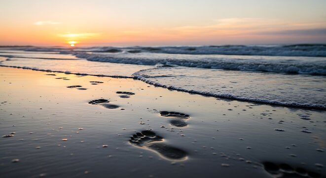 Footprints on wet sand at sunset beach - Powered by Adobe