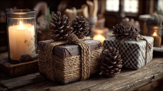 Rustic wooden gifts adorned with pinecones and twine on a cozy table with warm candlelight and a charming background - Powered by Adobe
