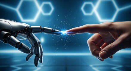 A robotic hand and a human hand connect with a spark of light, symbolizing the future of artificial intelligence.