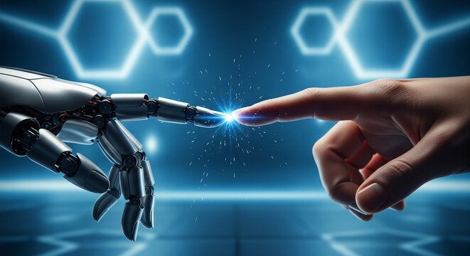 A robotic hand and a human hand connect with a spark of light, symbolizing the future of artificial intelligence.