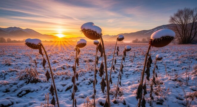 Withered sunflowers covered in snow during a colorful sunset in a winter field