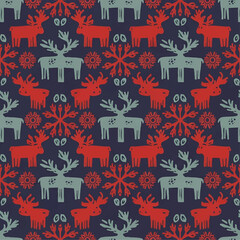 Repeating pattern featuring stylized reindeer and snowflake-like floral elements on a dark blue background.