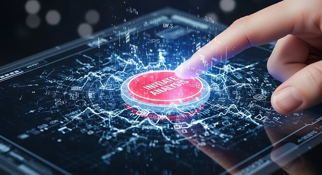 Finger Activating Analysis on a Touchscreen Device with Futuristic Interface, Indicating Data Processing and Technological Advancement.