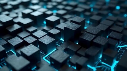 Futuristic digital cubes animation with glowing circuit grid, advanced technology blocks, abstract data processing surface, cyber tech visualization, and modern AI computing background - Powered by Adobe