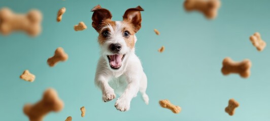 The Dog Leaping Through the Air Among Flying Treats on Teal Background