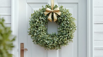 Elegant Eucalyptus Wreath with Golden Ribbon on White Door, Perfect for Seasonal Decor and Welcoming Atmosphere
