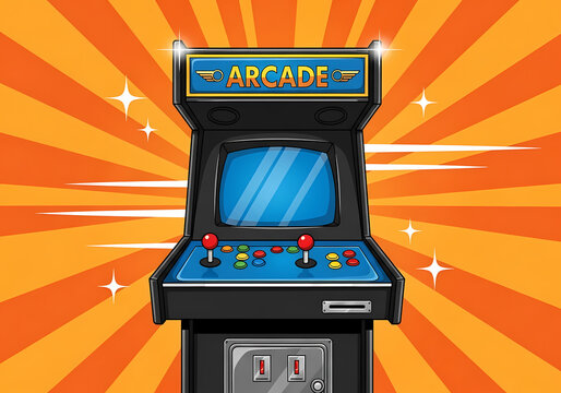 Retro Arcade Game Machine with Starburst Background