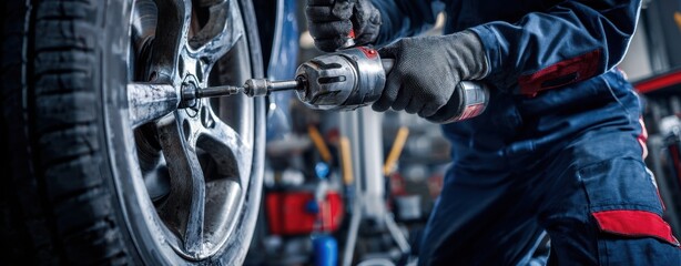 The car wheel being tightened by a gloved mechanic using an impact wrench in garage