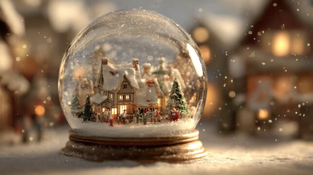 Enchanting winter snow globe capturing a cozy village scene with festive decorations and gentle falling snowflakes