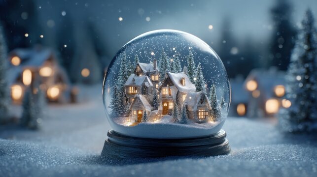 Enchanted Snow Globe Featuring Cozy Houses and Snowy Landscape with Soft Lights in Winter Wonderland Atmosphere