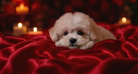 Adorable Puppy Lying on Red Satin Fabric with Warm Candlelight in Background