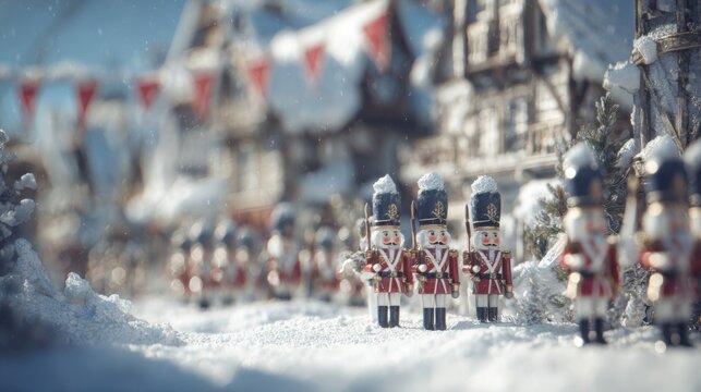 Winter Wonderland with Wooden Toy Soldiers and Snow-Covered Village in Background, Capturing Holiday Spirit and Festive Atmosphere