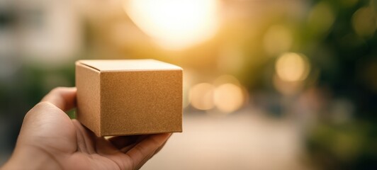 The cardboard box held in an open hand with sunlit bokeh background