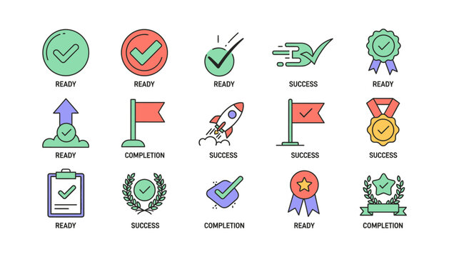 Collection of Colorful Success and Completion Icons with Checkmarks.