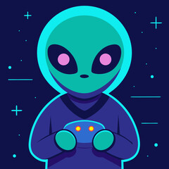 Fototapeta premium cute but fierce alien holding a joystick glowing .svg