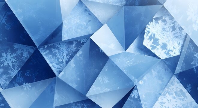 A cool-toned abstract background of faceted blue geometric shapes and triangles decorated with frosty white snowflakes.