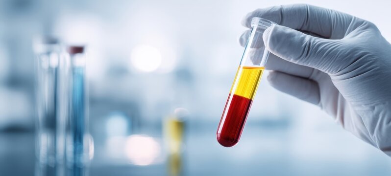 The test tube containing separated blood and plasma held by a gloved hand in laboratory