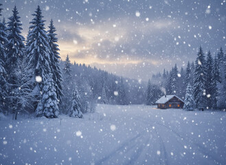 A warm cabin glows softly in a quiet snowy clearing, surrounded by tall pines as gentle snow falls across the peaceful winter landscape.