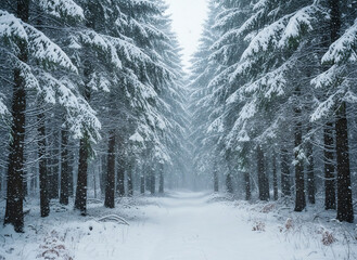 A quiet path stretches through dense fir trees heavy with snow, while steady flakes fall and create a calm, misty winter atmosphere.
