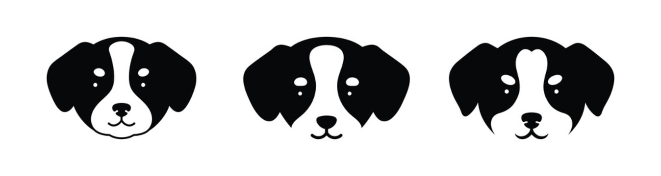 Minimalist black and white dog head illustrations, a conceptual set of three cute puppy faces