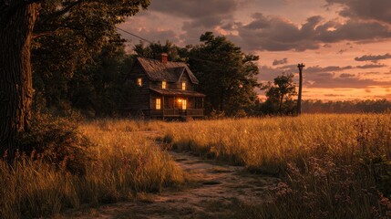 Obraz premium Serene Twilight at Cozy Country House Surrounded by Lush Fields and Gentle Evening Sky with Clouds and Warm Glowing Windows