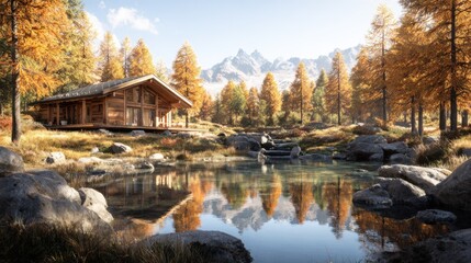 Fototapeta premium Tranquil autumn landscape with a wooden cabin and peaceful pond reflecting vibrant fall colors in the mountains