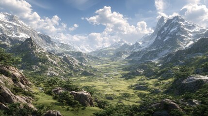 Fototapeta premium Majestic Mountain Landscape with Lush Green Valley and Dramatic Cloudy Sky in a Serene Natural Environment