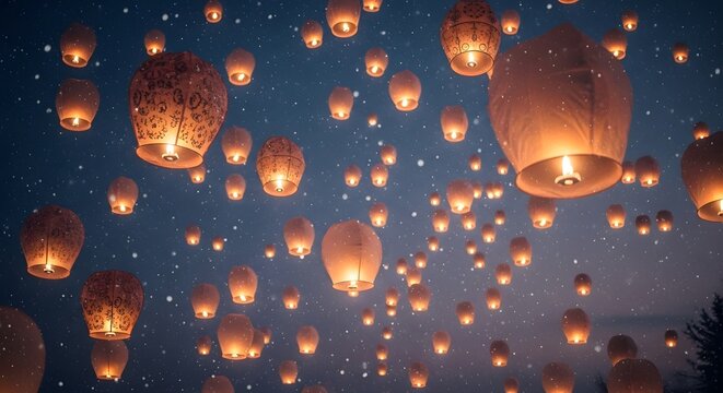 Numerous illuminated sky lanterns float upwards into the dark, starry night, creating a magical and festive atmosphere.