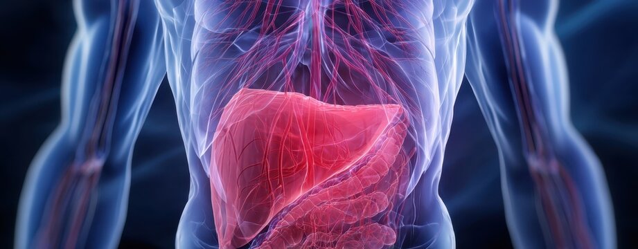 The Liver Highlighted in a Transparent Human Torso Showing Vascular Anatomy and Organs