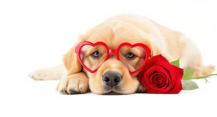 Cute Golden Retriever Puppy Wearing Heart-shaped Glasses Resting with Red Rose on White Background