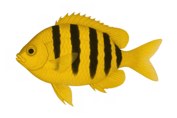 Yellow tropical fish with black stripes swimming, marine life animal illustration, ocean aquarium creature