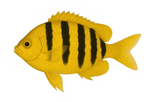 Yellow tropical fish with black stripes swimming, marine life animal illustration, ocean aquarium creature