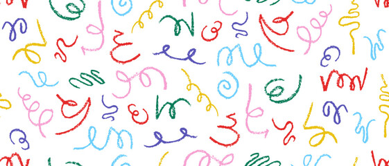 Fun rainbow seamless pattern with doodles, scribble shapes with chalk, charcoal texture. Hand drawn funky squiggle lines in crayon style. Simple bright confetti print for children. Vector illustration