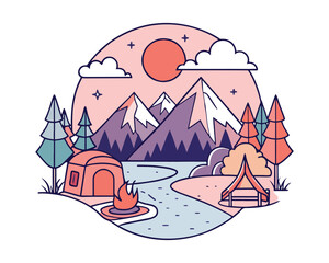 Sunrise Mountain River Camping T-shirt Design &ndash; Tent, Campfire, Forest, Outdoor Adventure Illustration